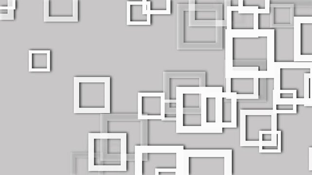 Square frames animation displays overlapping white boxes on gray. Minimalist geometric art textures shape the square frames. Modern visual graphic layers fill these clean square frames.