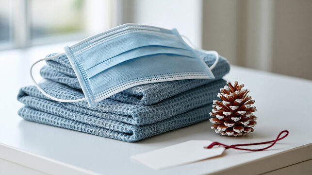 Stacked blue face mask and waffle textured towels beside a pinecone on a white surface