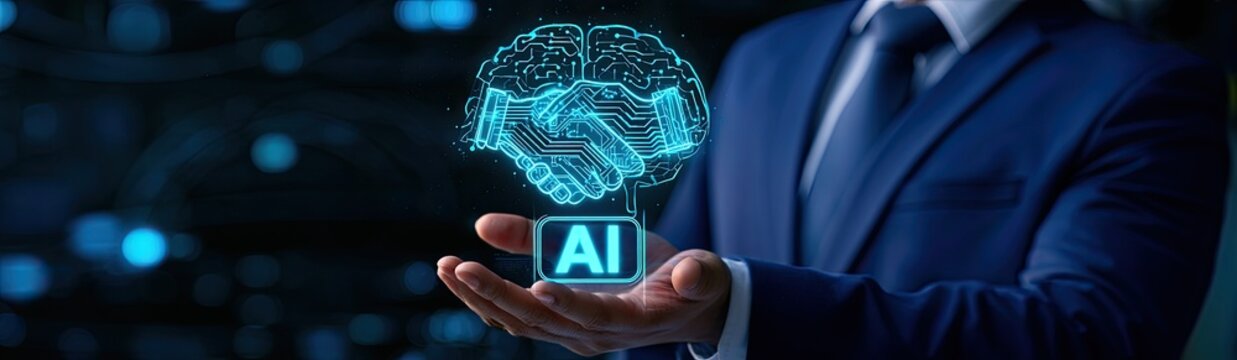 Businessman holding a glowing AI brain and the word AI in his hand, representing artificial intelligence and technology.