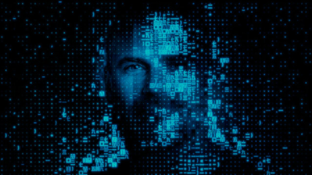 Man's Face dissolving into Machine Data, illustrating Access Control Concept.