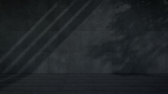 Plaster Panel Wall Stage with Vacant Tiled Floor, Bright Sunshine and Leaf Shadows. Urban Renewal Concept with copy-space.