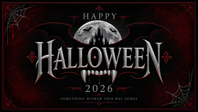 Gothic Halloween 2026 greeting design featuring a full moon, haunted castle, dark red and black background, dramatic typography, bats, fangs, and decorative spider webs.