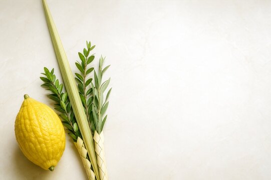 Minimal Four Species arrangement with elegant copy space for a premium Sukkot advertising background.