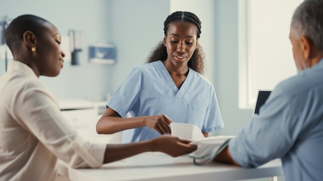 Doctor in scrubs checking patients blood pressure with digital monitor in warm hospital pharmacy setting