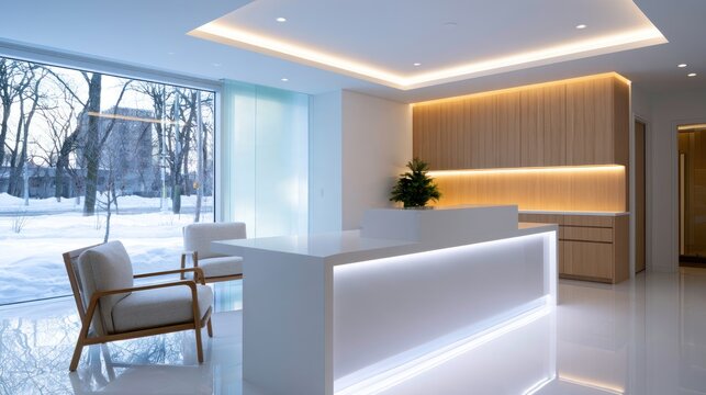 Modern lounge interior with sleek white reception desk, wooden paneling, and large window view