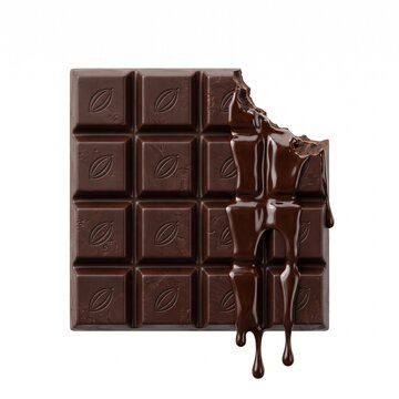 Dark chocolate bar with a bite mark and glossy melted chocolate dripping down isolated