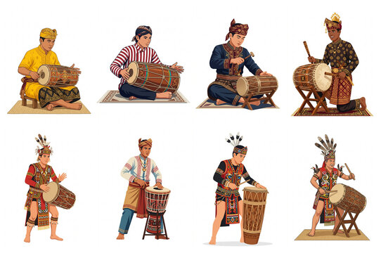 Indonesian Culture Showcased by Men in Traditional Attire Playing Various Drums