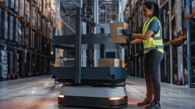 Warehouse worker scanning cardboard box on autonomous mobile robot cart in modern logistics center with high shelves and blue storage racks