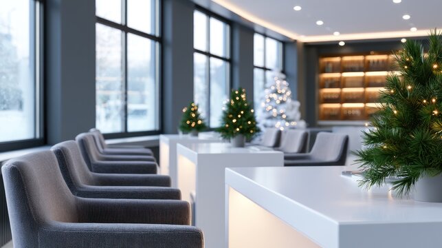 Elegant lounge with festive decor, featuring plush seating, large windows, and soft lighting enhancing the decor