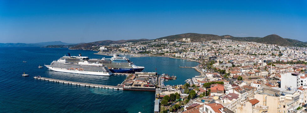 Panoramic view of Kusadasi city and cruise port from above. Kusadasi, Turkiye - August 21, 2026.