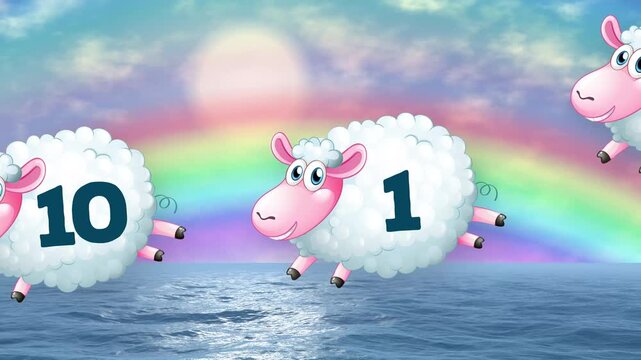 Animated Cartoon Sheep Counting from One to Ten Over Ocean Rainbow