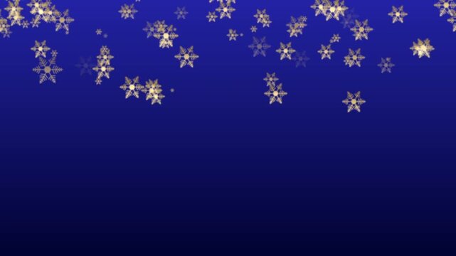 Festive animated winter background featuring intricate blue and golden snowflakes clustered along the upper edge of a rich dark blue backdrop. The elegant decorative border leaves generous copy space.