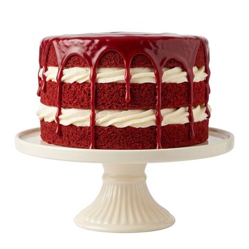 Magnificent red velvet cake with thick cream cheese layers and luscious red drip glaze