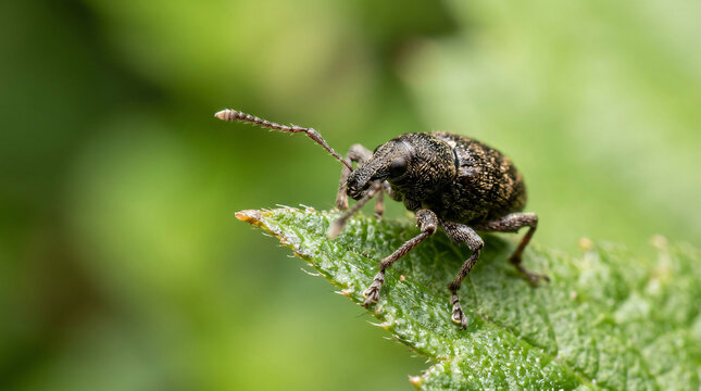 A close up macro shot of a small weevil beetle resting on a green leaf.