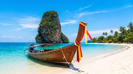 Obraz premium A traditional Thai longtail boat rests anchored on a white-sand beach, its tall wooden bow decorated with colorful ribbons. The boat sits in shallow turquoise water, with a dramatic limestone karst.