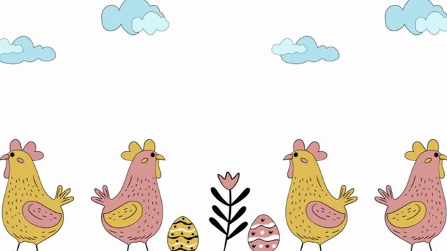 Cheerful hand-drawn animation featuring cute yellow and pink chickens alongside decorated Easter eggs and small botanical accents on a clean white background. 