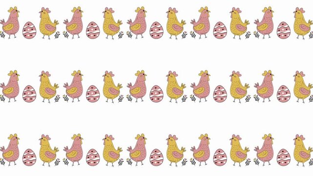 Cheerful hand-drawn animation featuring cute yellow and pink chickens alongside decorated Easter eggs and small botanical accents on a clean white background. 