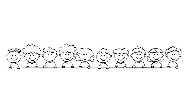 Playful hand drawn animation of a diverse group of children sitting behind a large blank board, with simple black outline illustration and generous copy space. Ideal for children's education.