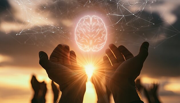 Human Hands Reaching Towards Glowing Brain Symbolizing Knowledge and Connection.