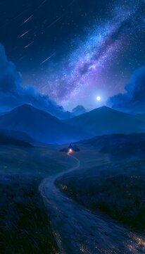 Dreamy anime landscape of a glowing cottage under a starry night sky with a vibrant milky way_