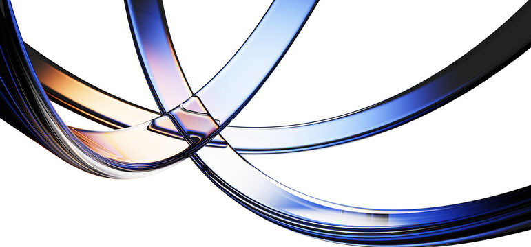 Elegant 3D background with glossy intersecting glass ribbons on dark backdrop. Smooth metallic curves with vibrant blue and warm copper light reflections. Futuristic high-tech design