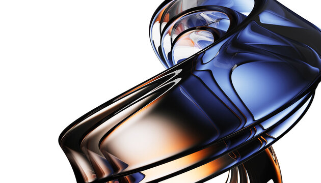 Neon liquid glass transparent ribbons, dynamic metal twist waves, smooth curves reflect dark blue and gold bronze gradient on black background. Abstract futuristic tech, luxury design