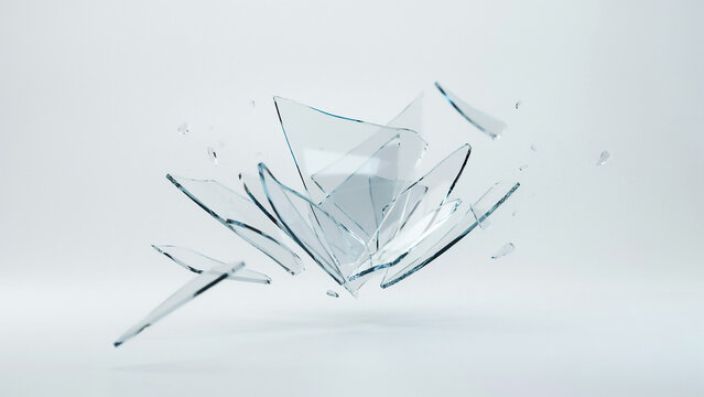 Shattered glass fragments exploding mid-air on white background, keywords: glass, shattered