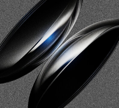 Grainy gradient dark blue 3d background, glass liquid circle shapes with black white noise texture. Render abstract waves, grunge paint spray effect, flowing light lines with shadow