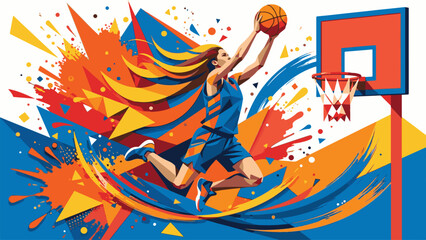Colorful Geometric Illustration of Female Basketball Player Jumping to Score © Aman
