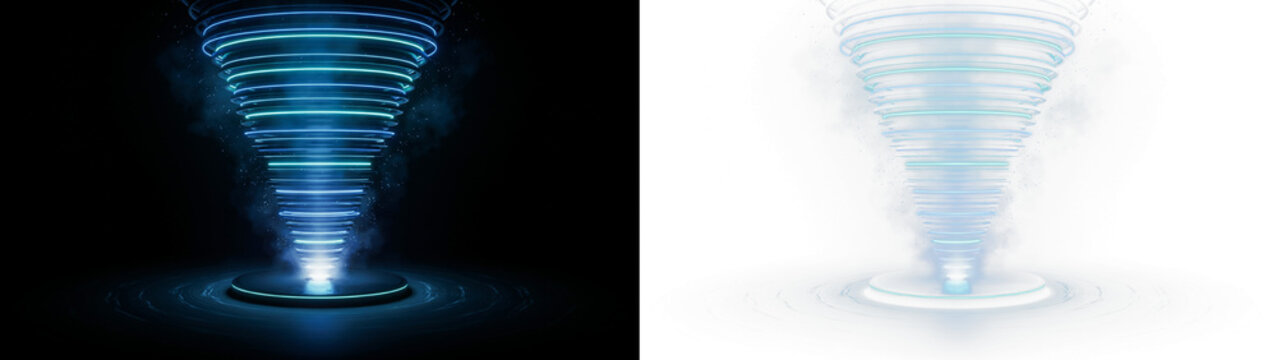 Futuristic blue glowing energy vortex or portal on a circular platform, abstract scifi tornado effect with light rings and particles, 3d render isolated on transparent background