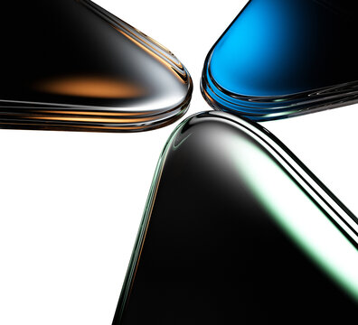 Abstract 3D neon liquid glass curved shapes with blue, gold, green glowing reflections on dark background. Futuristic smooth glossy design for wallpaper screen, high tech presentation
