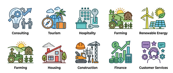 Fototapeta premium Set of diverse industry icons on transparent background