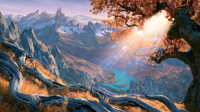 Dreamy Anime Landscape of Snowy Mountains and Autumn Trees Over a Serene Turquoise Alpine Lake