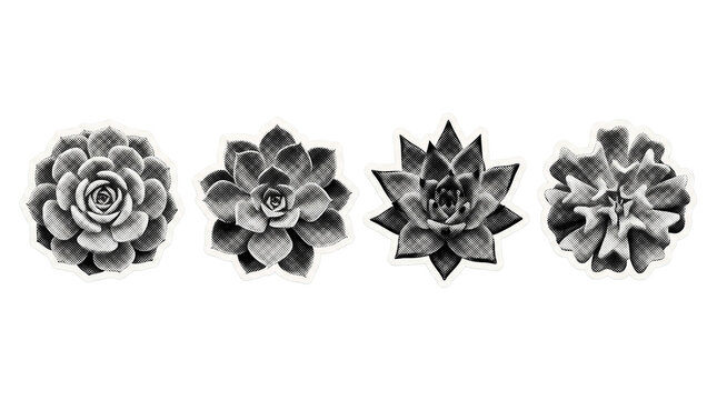 echeveria retro halftone set , clean white border outline PNG