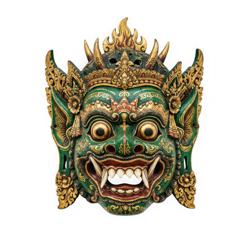 Balinese carved wooden demon mask with fangs isolated on transparent background