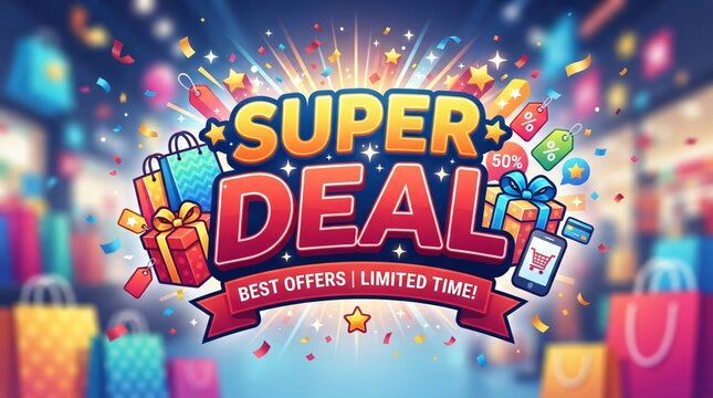 Super Deal promotional graphic with shopping bags and festive confetti