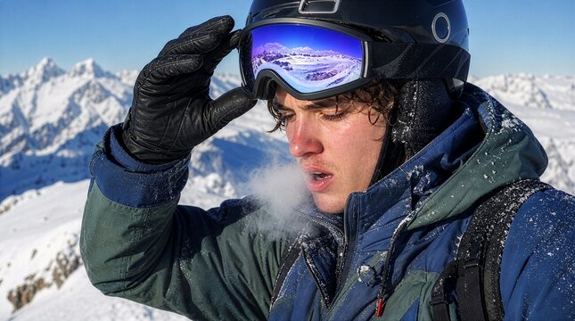 Young male snowboarder exhaling cold breath on snowy mountain peak