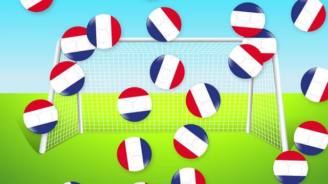 Falling Soccer Balls with French Flag Pattern Over Goal Post
