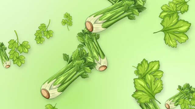 Animated Celery Stalks and Parsley Leaves Falling on Green Background
