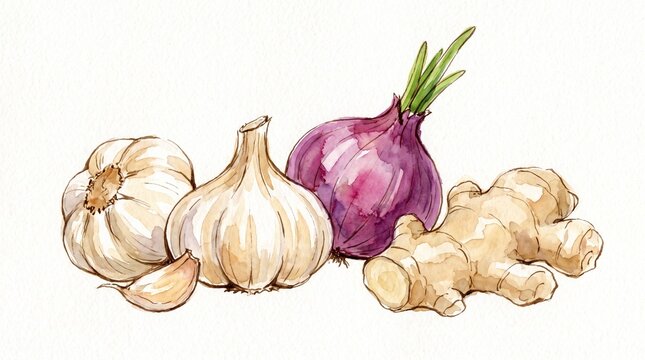 Watercolor garlic, red onion, and ginger root illustration, hand-painted culinary herbs and spices, isolated on white background, organic food ingredients for recipe design