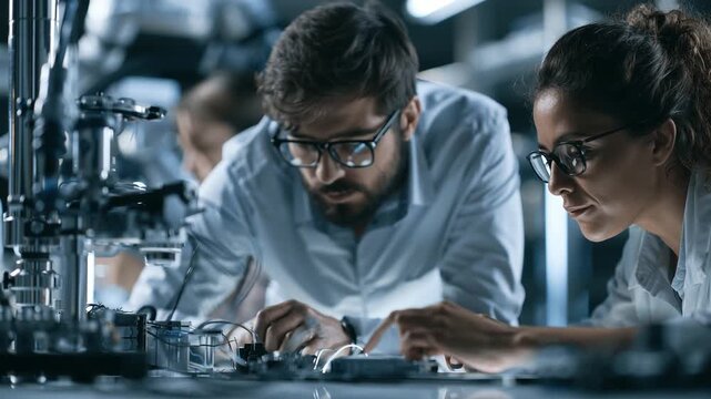 Engineers examine sodium-ion battery cells and electrode materials in an advanced pilot facility with precision testing equipment and automation.