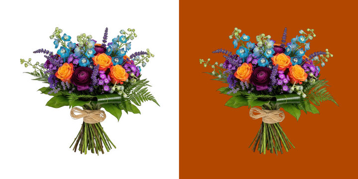 Vibrant Colorful Floral Bouquet with Roses and Delphiniums on Split Tone Backdrop transparent png