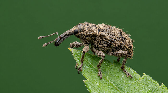 A close up macro shot of a brown snout weevil perched on a green leaf.