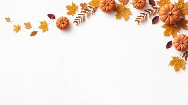 Pumpkins and Autumn Leaves Arranged on White Background