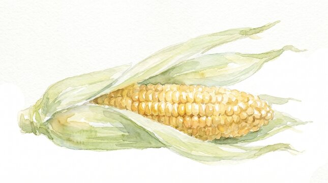Watercolor corn on the cob illustration, fresh yellow maize with green husks, hand painted botanical art isolated on white background, organic vegetable for food packaging