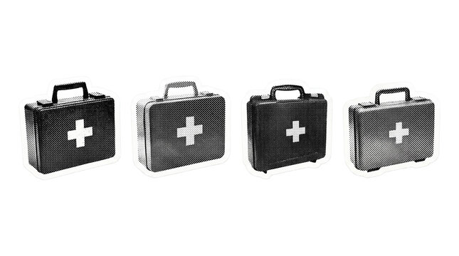 first aid kit retro halftone set , clean white border outline PNG