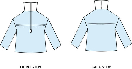 Flat sketch technical drawing of a light blue zip up jacket front and back view © fulbabu