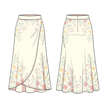 Long Floral A Line Skirt Front and Back View Flat Vector Women&rsquo;s Fashion Design