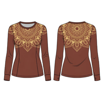 Golden Mandala Long Sleeve Women&rsquo;s Top Front and Back View Flat Vector Design