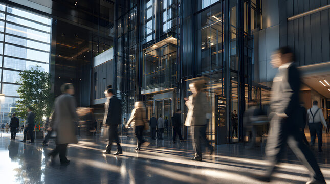 A busy lobby area showcasing blurred figures walking past glass elevators, conveying a sense of motion and modern architecture in an urban environment.
